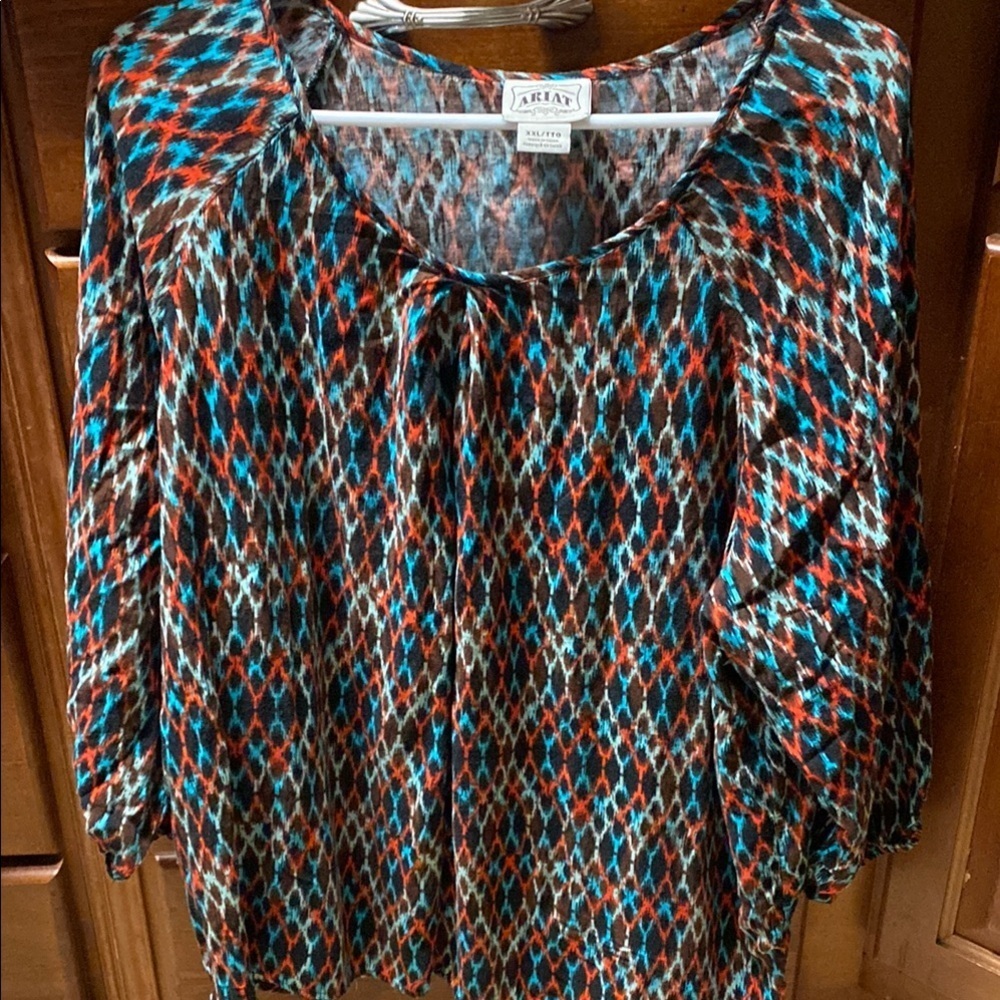 Ariat Blue, Orange and Brown XXL 3/4 Sleeve Pleated Blouse Whimsical Relaxed